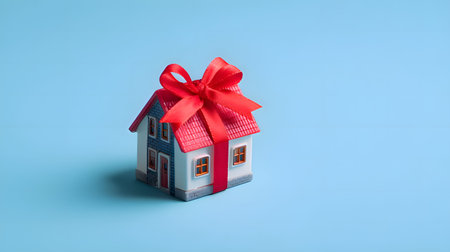 Adorable miniature house with a vibrant red gift bow on a soothing blue background, evoking feelings of warmth, comfort, and new beginningsの写真素材