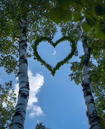 Experience serenity in a heart-shaped leaf frame under a crescent moon. This enchanting forest scene evokes feelings of love, peace, and connection with nature.の写真素材