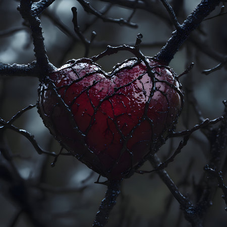A symbolic heart trapped in dark, wet tree branches evoking feelings of love, isolation, and...