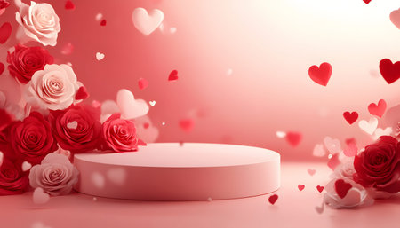 Charming Valentine's Day setup with pink podium, roses, and heartsの写真素材