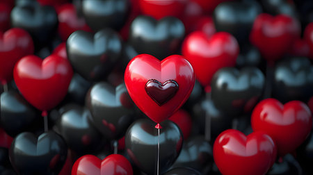 A vibrant red heart balloon stands out in a crowd of black and red heart shaped balloons, evoking...