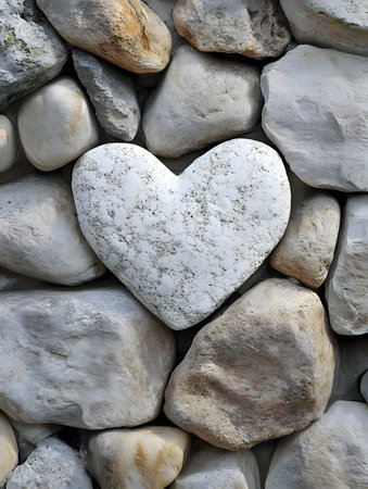 A heart shaped stone nestled among a pile of rocksの写真素材