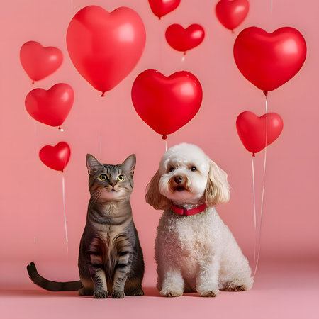 Heartwarming scene of a cat and dog duo surrounded by heart balloons on a pink background, perfect for Valentine's Day or friendship themesの写真素材