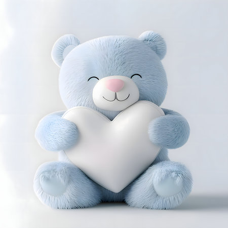 Adorable blue teddy bear holding white heart with smiling face, perfect for love and friendship themesの写真素材