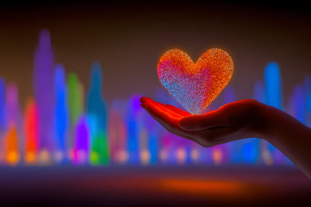 Hand holding glowing heart symbolizing love and care with vibrant colorful lights in the backgroundの写真素材