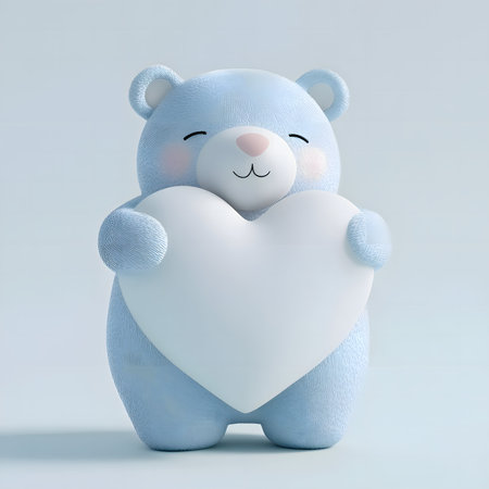 Cute blue teddy bear embracing heart symbolizing love and friendship