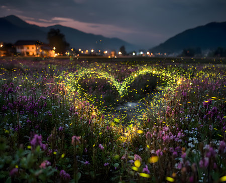 Experience the magic of fireflies forming a heart shape in a vibrant purple wildflower field at dusk. This serene and romantic scene evokes feelings of love, tranquility, and wonder, perfect for capturing the essence of a peaceful summer evening.の写真素材