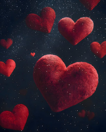 Whimsical red hearts float gently in a starry night sky, evoking feelings of love and magic. Perfect for expressing affection or adding a touch of romance to your project.の写真素材