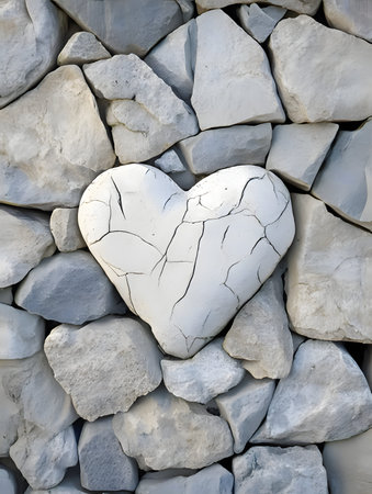 A poignant cracked white heart on a pile of stones symbolizes broken love and resilience, evoking...