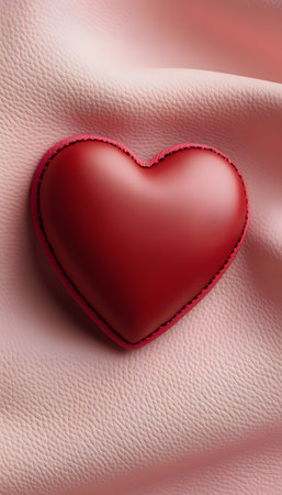 Beautiful red leather heart on soft pink leather, perfect for Valentine's Day designs and romantic themesの写真素材