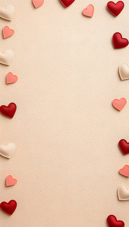Romantic Valentine's Day background with heart-shaped decorations on textured beige surface, perfect...