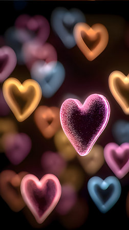 Beautiful vibrant hearts floating in a dark background, perfect for Valentine's Day, symbolizing love, affection, and romance in a modern and trendy way.の写真素材