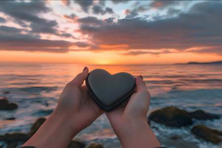 Symbolic heart shaped box held by hands against a stunning ocean sunset backdrop, evoking feelings of love, serenity, and hope.の写真素材