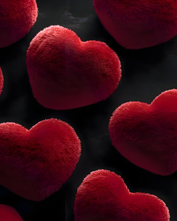 Adorable fluffy red hearts on a black background, perfect for Valentine's Day and romantic themes