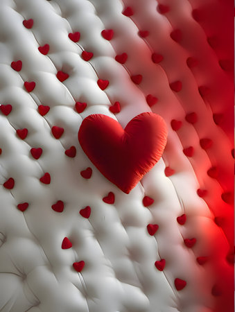 Luxurious red heart balloon on white tufted sofa with heart decorations, perfect for romantic...