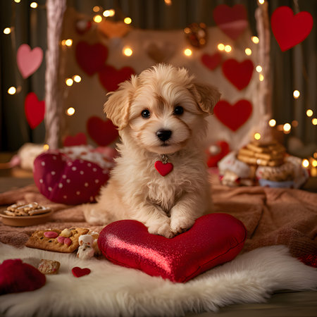 Cute puppy with red heart-shaped collar on Valentine's Day themed background with hearts and lightsの写真素材