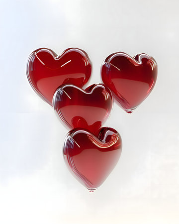 Three shiny red hearts arranged on white background, symbolizing love and affectionの写真素材