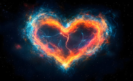 Cosmic heart shaped nebula glowing with vibrant electric energy in deep space