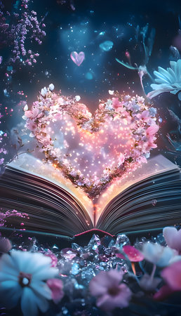 A magical open book with a heart-shaped floral arrangement and sparkling lights, evoking feelings of...
