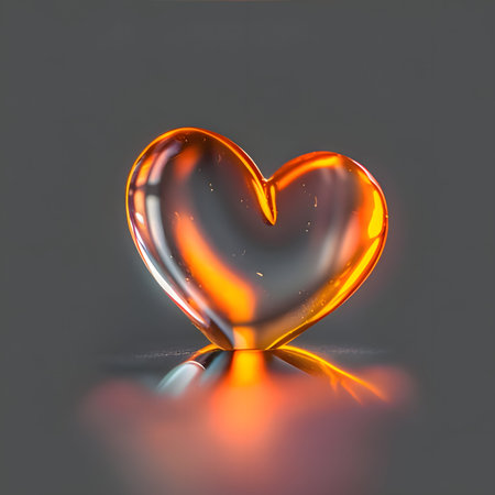 Glowing orange heart with reflection on dark background, symbolizing love and passion