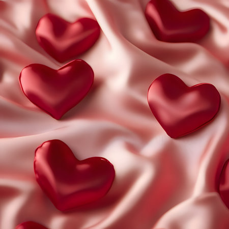 Elegant red hearts on soft pink satin fabric for romantic occasions and Valentine's Day