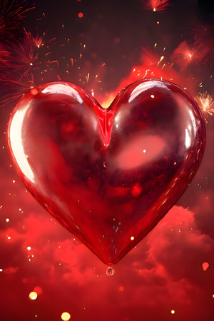 Vibrant red heart shaped balloon surrounded by fireworksの写真素材