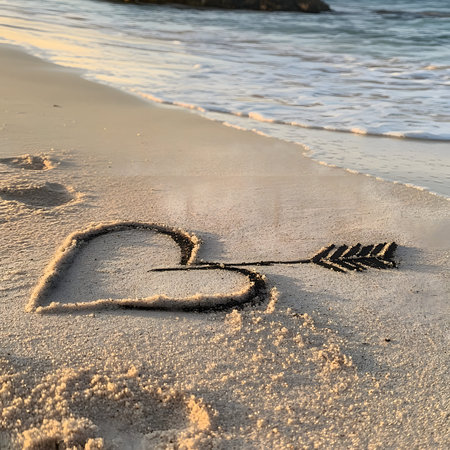 Serene beach scene at sunset with heart and arrow drawn in sand, evoking feelings of love and tranquilityの写真素材