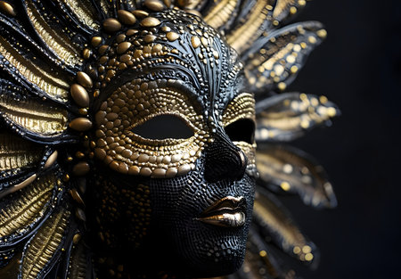 Elegant black and gold Venetian mask featuring intricate designs and luxurious details, perfect for carnival or decorative purposesの写真素材