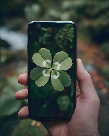 A hand holding a smartphone displaying a four leaf clover in a natural setting