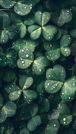 Close-up of shamrock leaves with raindrops in a lush green garden