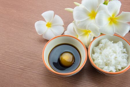 Raw Egg in soy sauce and white rice,Tamago kake gohanの写真素材