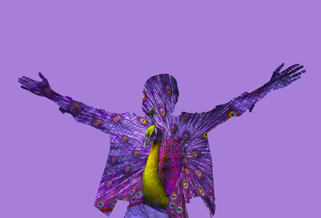 Double exposure freedom of a Peacock manの写真素材