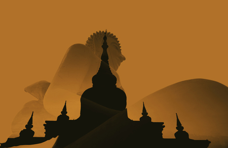 Silhouette Double exposure religion of Buddha and Templeの写真素材
