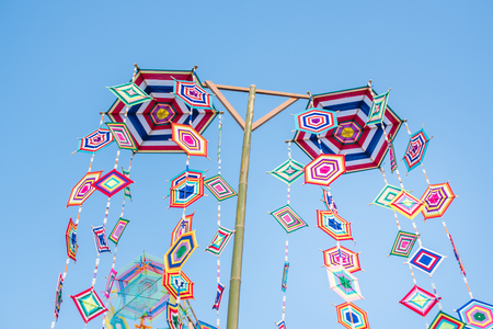 Colorful Tung flag festival in Phra That Ya Khu Kalasin,Thailandの写真素材