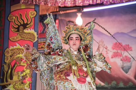 Kalasin, Thailand - December 9, 2017: Actor make up for the performance Chinese opera. Chinese opera is an ancient musical drama at Somdet district Kalasin, Thailand.のeditorial素材
