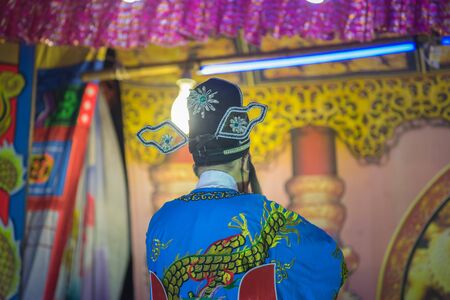 Kalasin, Thailand - December 9, 2017: Actor make up for the performance Chinese opera. Chinese opera is an ancient musical drama at Somdet district Kalasin, Thailand.のeditorial素材