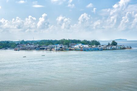 Landscape view of River and Boat of fisherman in harbor at Chantaburi, Thailand.の写真素材