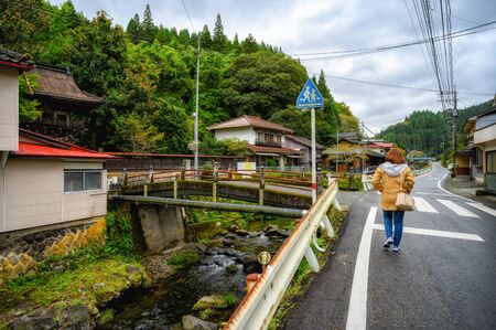 KUMAMOTO, JAPAN - 13 October 2019 : Around Kurokawa Onsen hot spring towns, Ryokan and bridge, at Kyushu, Japan.のeditorial素材