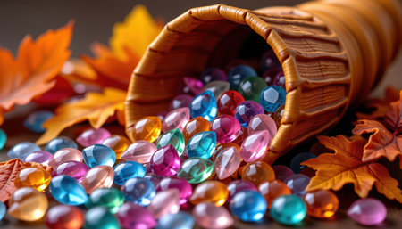 A cornucopia filled with vibrant gemstones spills onto wooden surface, surrounded by autumn leaves, creating festive and sceneの素材