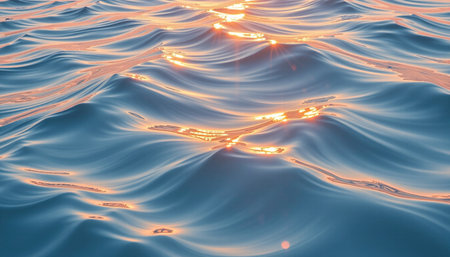 A serene water surface reflects sunlight, creating beautiful interplay of light and waves, evoking sense of calm and tranquilityの素材