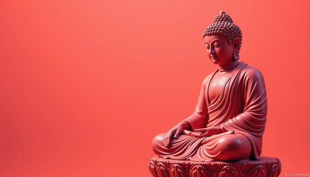 A serene buddha statue sits gracefully against vibrant red background, symbolizing peace and tranquility. intricate details of statue highlight itsの素材