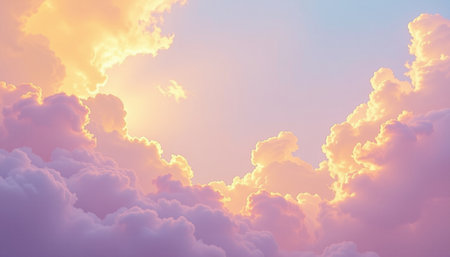 A dreamy pastel clouds in soft yellow and lilac hues create serene and tranquil atmosphere, evoking feelings of peace and wonderの素材
