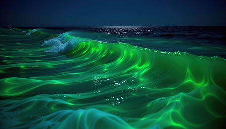 A mesmerizing ocean scene featuring luminous green waves under moonlit sky, creating mystical and enchanting atmosphereの素材