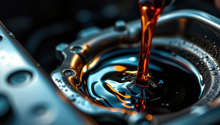 A high quality engine oil is being poured into vehicle engine compartment, showcasing its rich, dark color and smooth texture. scene capturesの素材