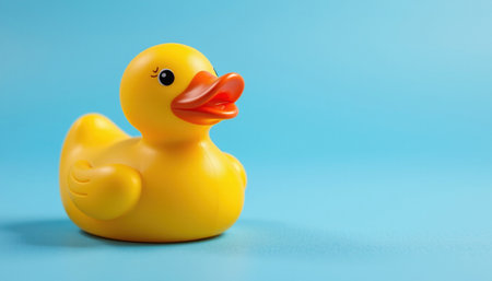 A cheerful yellow rubber duck floats on serene blue background, evoking feelings of joy and nostalgiaの素材