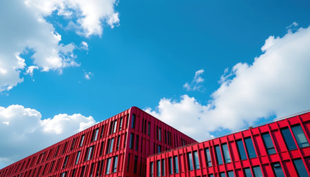 A modern architecture features striking red building against bright blue sky with fluffy clouds, creating vibrant urban sceneの素材
