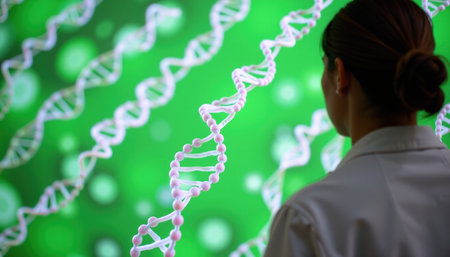 An image depicts scientist observing digital representation of dna strands against vibrant green background, conveying sense of discoveryの素材