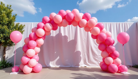 A beautiful balloon arch in gradient pink shades creates stunning backdrop for celebrations, enhancing festive atmosphereの素材