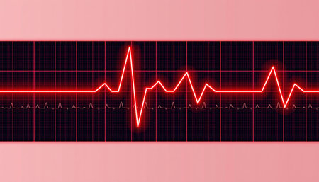 A red heart rate monitor displays pulse graph, illustrating vital signs and health monitoring. this visual evokes sense of urgency and awarenessの素材