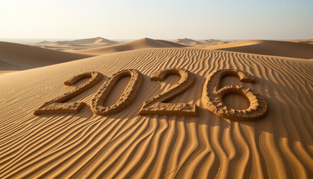 A large number 2026 carved into sand of vast desert landscape, showcasing intricate patterns of sand dunes clear sky. scene evokes sense of timeの素材